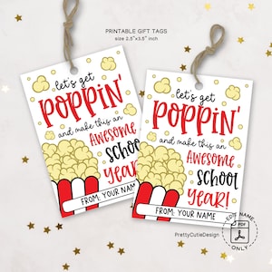 Back to School Gift Tag Printable, Let's Get Poppin Tag, Popcorn Themed Favor Tag for Students Teachers, First Day of School Treat Bag Tags