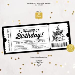 Tattoo-Geschenkgutschein bearbeitbare Vorlage, Geburtstagsüberraschungsticket, Tattoo-Geschenkgutschein druckbar, Tattoo-Geburtstagsgutscheinvorlage