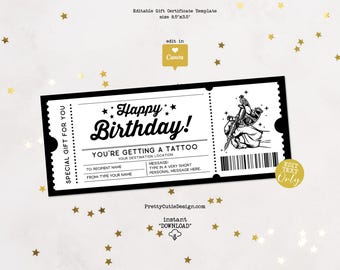 Tattoo Gift Certificate Editable Template, Birthday Surprise Ticket, Tattoo Gift Voucher Printable, Tattoo Birthday Coupon Template