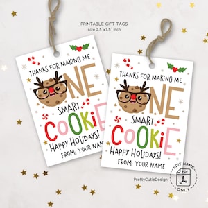 以下が含まれることがあります： メガネと角をつけたクッキーのキャラクターが描かれた白いギフトタグが2つ。テキストには「私をONE Smart Cookieにしてくれてありがとう！ハッピーホリデー！」が含まれています。タグのサイズは6.35cm x 8.89cmです。