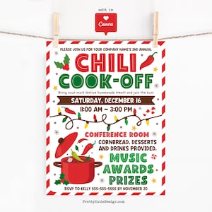 May include: A festive Chili Cook-Off invitation, printed on white paper and decorated with red and green accents. The design includes a red pot of chili, chili peppers, and text announcing the event's date, time, and location. The invitation is held by wooden clothespins.