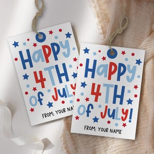 Flat lay of patriotic printable tag with “Happy 4th of July!” greeting, ready to print for party or picnic gifts, editable name field included