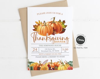 Thanksgiving Dinner Invitation Template: Printable Fall Party Invite with Pumpkins and Autumn Leaves