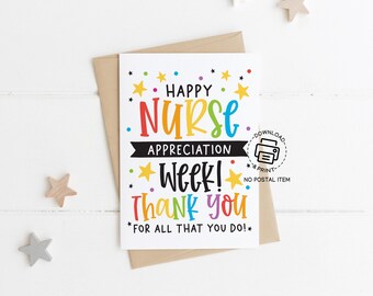 Happy Nurse Appreciation Week Card Printable, Thank You Card for Nurse Gift, Digital Download for Nurses Week Celebration