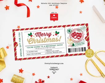 Christmas Broadway Show Surprise Gift Ticket Voucher, Broadway Reveal Gift Ticket Coupon, Editable Holiday Musical Gift Certificate Template
