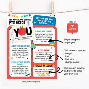 Editable PTO PTA printable bundle for schools. Includes yearly calendar, membership form, recruitment flyer, and meeting invitation. Bright banners and school-themed icons. Canva instant download.