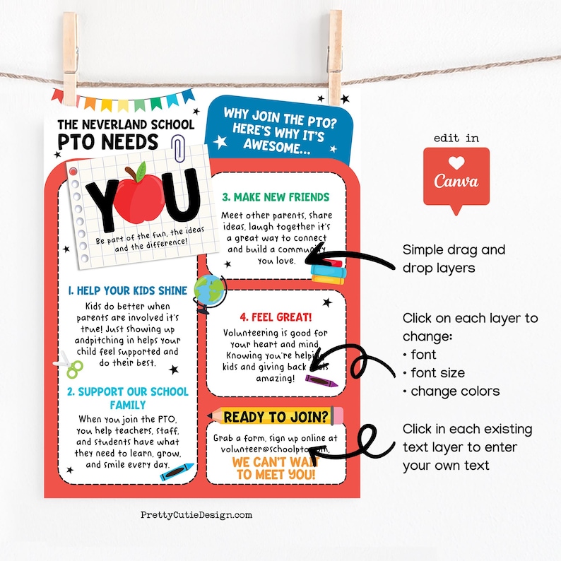 Editable PTO PTA printable bundle for schools. Includes yearly calendar, membership form, recruitment flyer, and meeting invitation. Bright banners and school-themed icons. Canva instant download.