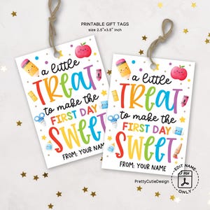 Afdrukbaar cadeaulabel eerste schooldag, terug naar school-labels, een kleine traktatie om de eerste dag zoet te maken, cadeaulabel voor schoolleraar gunst