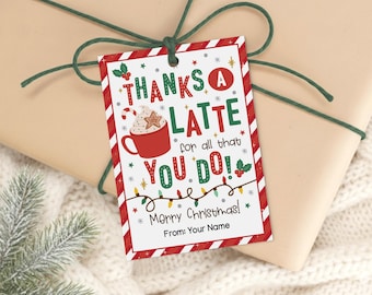 Thanks a Latte Gift Tags, Christmas Coffee Printable, Candy Stripe Border Labels, Digital Download