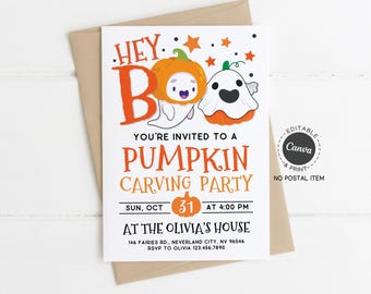 Halloween Pumpkin Carving Party Invitation: Ghost & Pumpkin Canva Template (5x7" Printable)
