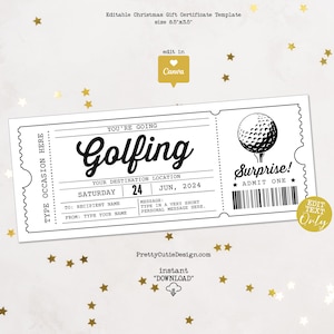 Golf Geschenkgutschein-Vorlage, druckbare Black & White Golf Ticket Gutschein, bearbeitbares Canva Erfahrungsgeschenk für Geburtstag oder Vatertag