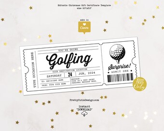Golfing Gift Certificate Template, Printable Black & White Golf Ticket Voucher, Editable Canva Experience Gift for Birthday or Father's Day