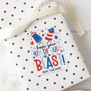 Printable 4th of July tag with bright and colorful star and firework theme, perfect for adding a festive touch to your party bags