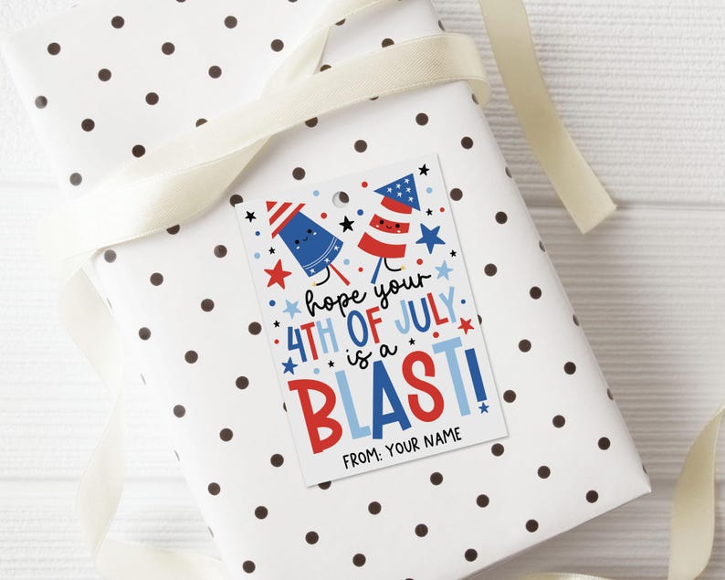 Printable 4th of July tag with bright and colorful star and firework theme, perfect for adding a festive touch to your party bags