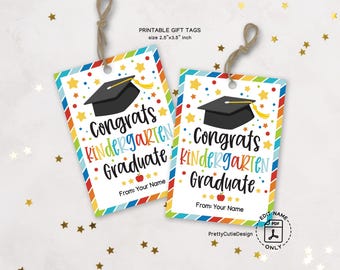 Kindergarten Graduation Gift Tag Printable, Congrats Kindergarten Graduate Favor Tags, Colorful End of School Party Bag Label PDF