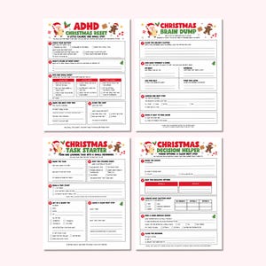 May include: Four printable planning sheets with Christmas themes, including ADHD Christmas Reset, Christmas Brain Dump, Christmas Task Starter, and Christmas Decision Helper. Each page features numbered sections, checkboxes, and lines for writing tasks.