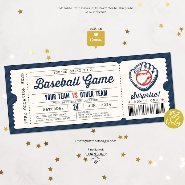 Baseball Game Ticket Gift Template, Baseball Gift Certificate Birthday Gift Ticket, Baseball Season Surprise Ticket Printable Voucher