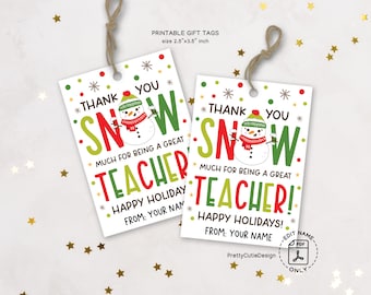 Christmas Teacher Gift Tag, Snowman Holiday Printable, Thank You Note from Student