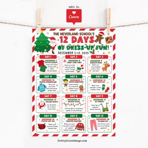 12 Days of Christmas Dress Up Flyer Printable, Editable School Spirit Week Canva Template