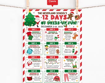 12 Days of Christmas Dress Up Flyer Printable, Editable School Spirit Week Canva Template