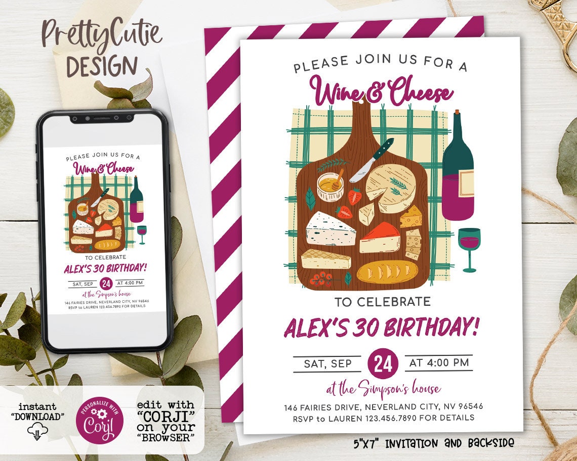 Wine and Cheese Birthday Invitation Wine and Cheese Party Etsy