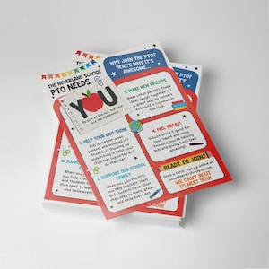 Editable school PTO PTA flyer pack with four Canva templates: calendar of events, sign up form, meeting invitation, and recruitment flyer. Printable bundle for back to school and all year round.