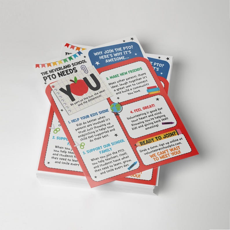 Editable school PTO PTA flyer pack with four Canva templates: calendar of events, sign up form, meeting invitation, and recruitment flyer. Printable bundle for back to school and all year round.