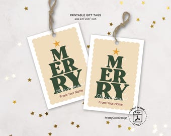 Retro Merry Christmas Gift Tags, Personalized Holiday Printable, Vintage Boho Name Tag