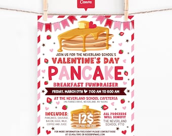 Valentine Pancake Breakfast Fundraiser Flyer Template, School PTO Event Poster, Canva Editable