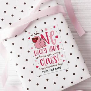 Pink duck Valentine favor tag printable with heart sunglasses, playful red and pink text, and tiny gold confetti dots, ideal for printing on cardstock, trimming, and clipping or taping to candy bags, pencils, or small toys for classroom Valentine exchanges.
