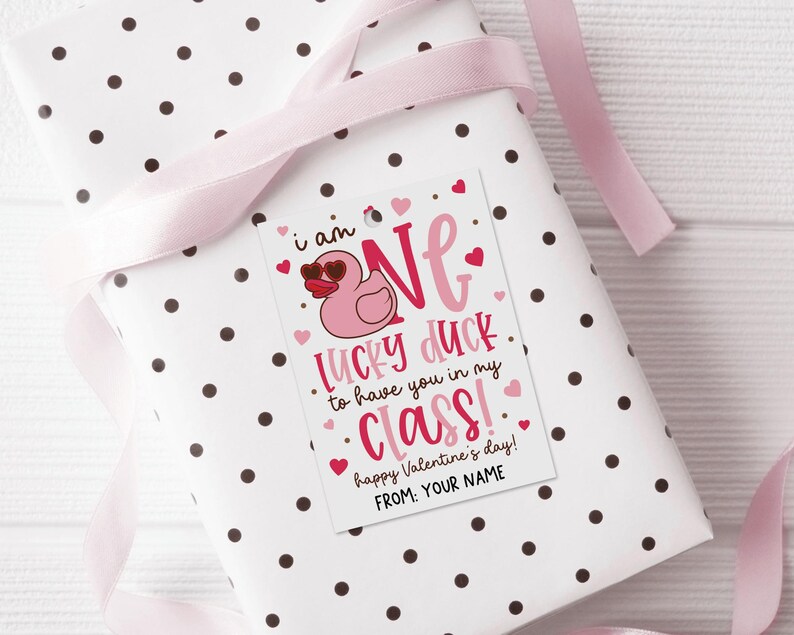 Pink duck Valentine favor tag printable with heart sunglasses, playful red and pink text, and tiny gold confetti dots, ideal for printing on cardstock, trimming, and clipping or taping to candy bags, pencils, or small toys for classroom Valentine exchanges.