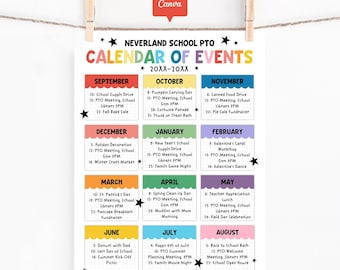 School PTO PTA Yearly Calendar Template, Editable Monthly Events School Planner, Printable PTO Newsletter Canva, School Parent Organization