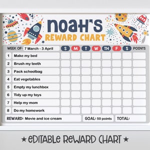 Rocket Reward Chart for Kids, Simple Kids Editable Reward Chart - Digital Template INSTANT ...
