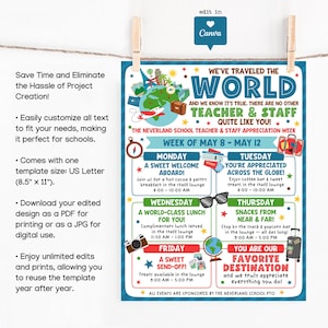 Canva editable teacher and staff appreciation flyer with a travel adventure theme, ideal for bulletin boards, office displays, and lounge signage, decorated with a large globe, airplane trail, compass, passport, suitcase, and bright playful fonts that feel cheerful and welcoming.