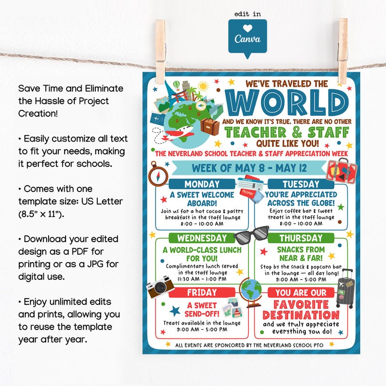 Canva editable teacher and staff appreciation flyer with a travel adventure theme, ideal for bulletin boards, office displays, and lounge signage, decorated with a large globe, airplane trail, compass, passport, suitcase, and bright playful fonts that feel cheerful and welcoming.
