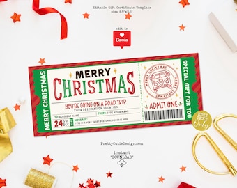 Christmas Road Trip Reveal Ticket, Surprise Gift Voucher, Printable Road Trip Gift Ticket Coupon, Christmas Gift Certificate Template