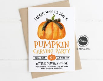 Pumpkin Carving Party Invitation: Editable Halloween Flyer (DIY Canva Template, 5x7in, Digital Download)