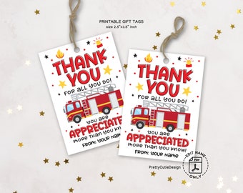 Firefighter Appreciation Tags Printable, Thank You Fireman Gift Tags, Fire Truck Party Favor Tags, Firefighters Day Gift Tags