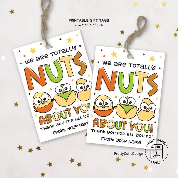 Teacher Appreciation Tag, Totally Nuts About You Thank You Gift Tags, Teacher Appreciation Week Gift Tag Printable, Nuts Gift Tag