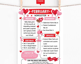 February Classroom Newsletter Template, Editable Monthly School Newsletter, Valentine’s Day Parent Teacher Updates, Printable Canva