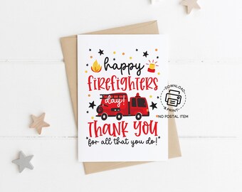 Happy Firefighters Day Card Printable, Thank You Firefighter Card, Fire Truck Appreciation Card, Hero Card for Firefighters Instant Download