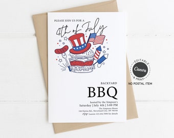 4th of July BBQ Invitation, Backyard Cookout Party Invite, Printable Independence Day Card with Hot Dog and Burger Illustration