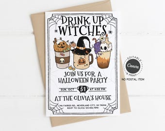 Halloween Party Invitation: Drink Up Witches Mug Design (Canva Template, 5x7 in, Digital Download)