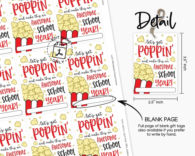 Editable printable back to school favor tags for teachers or students, reads 'Let’s get poppin’ and make this an awesome school year!' with popcorn illustration