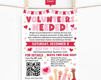 Valentine Volunteers Needed Flyer Template, School Sweetheart Social, Canva Event Poster