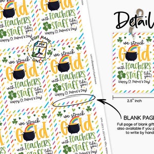 St Patricks Day We Struck Gold Teacher Staff Appreciation Tags, Happy St Patricks Teacher Appreciation Tag, School PTO PTA Treat Bag Tags