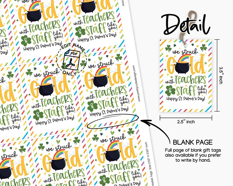 St Patricks Day We Struck Gold Teacher Staff Appreciation Tags, Happy St Patricks Teacher Appreciation Tag, School PTO PTA Treat Bag Tags