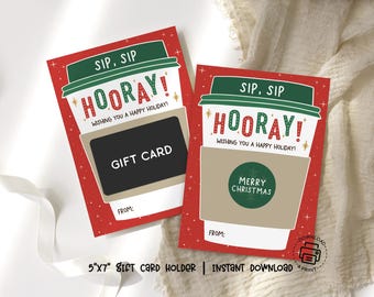 Coffee Gift Card Holder Printable: Sip Sip Hooray Holiday Cup, Red Starry Background (PDF)