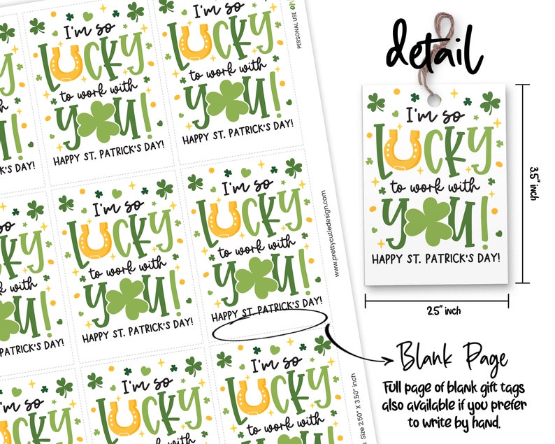 Happy St Patricks Day Printable Gift Tags, Lucky To Work With You Co-Worker Gift Tag, Staff Thank You St Pattys Day Coworker Thank You Tag