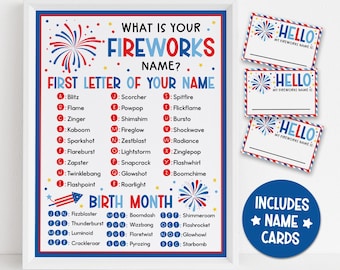 Fireworks Name Game Printable, Patriotic Party Game for Kids Adults, 4th of July Activity Name Tag Cards, Red White Blue Instant Download